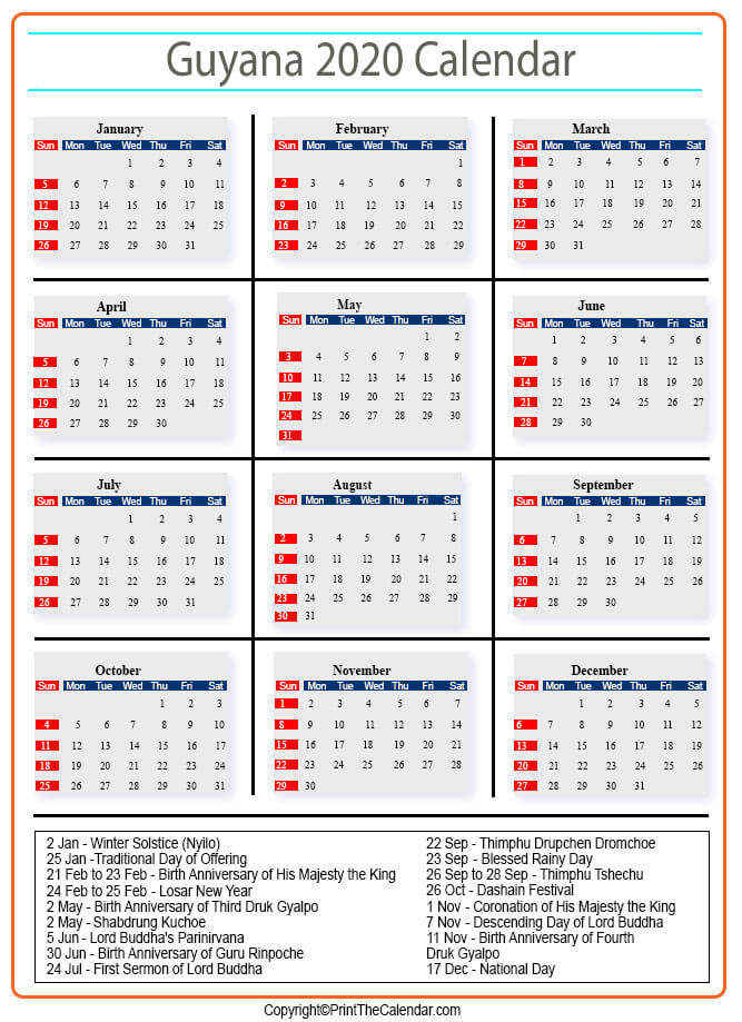 Guyana Calendar 2020